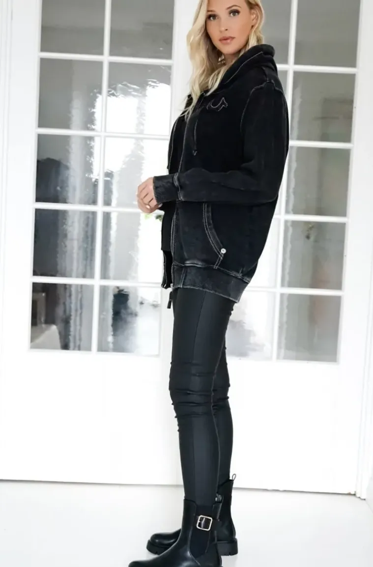True Religion - Washed Big T Boyfriend Zip Hoodie - Jet Black
